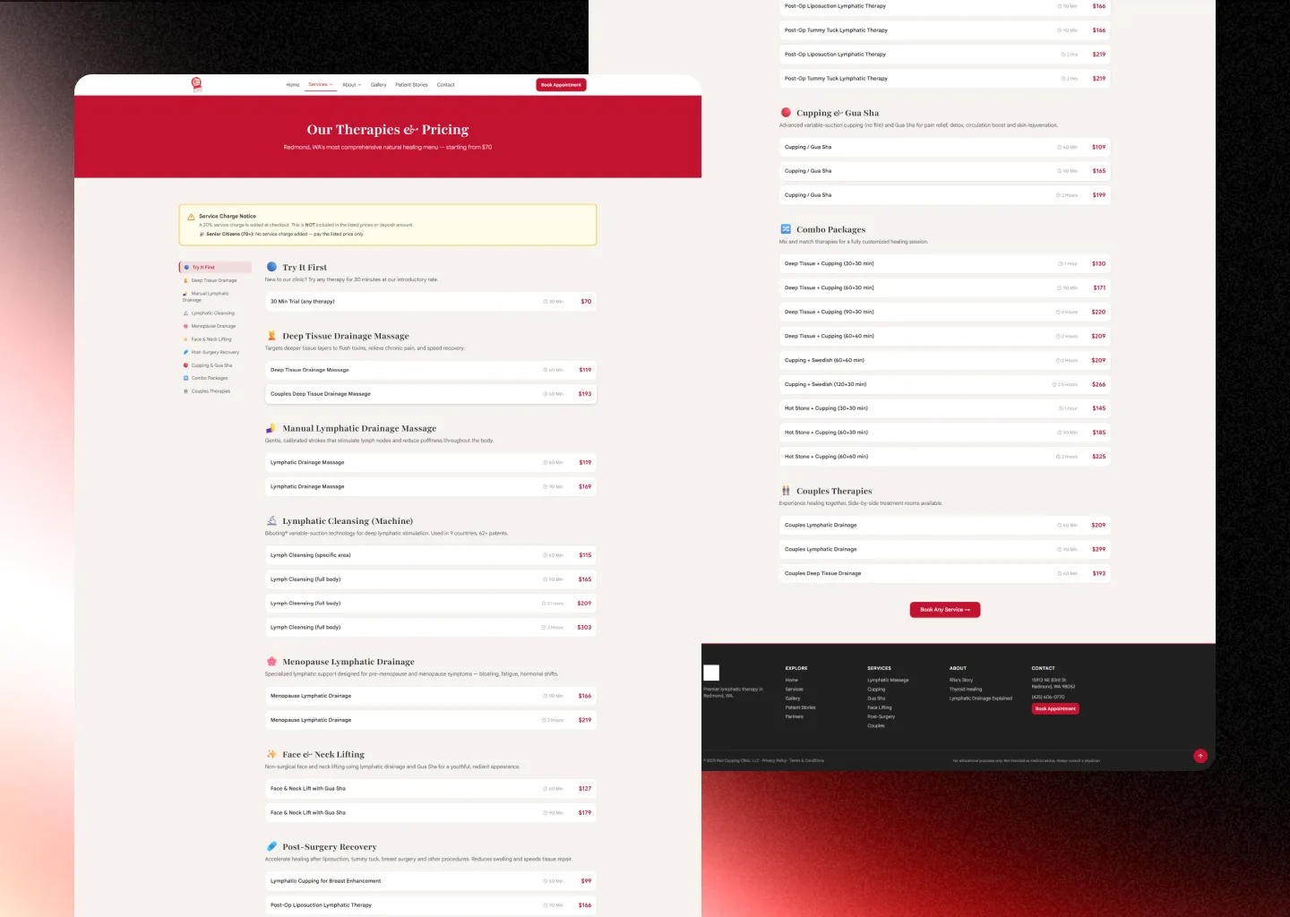 Red Cupping Clinic Our Therapies and Pricing page with a category sidebar, a service-charge notice, and each therapy listed with duration and price