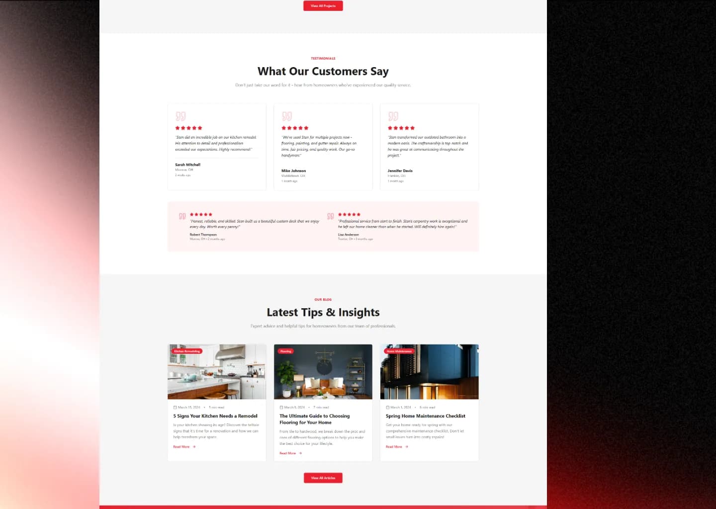 Stan The Handyman customer reviews with the reviewer's town, followed by a Latest Tips and Insights blog section with three home repair articles