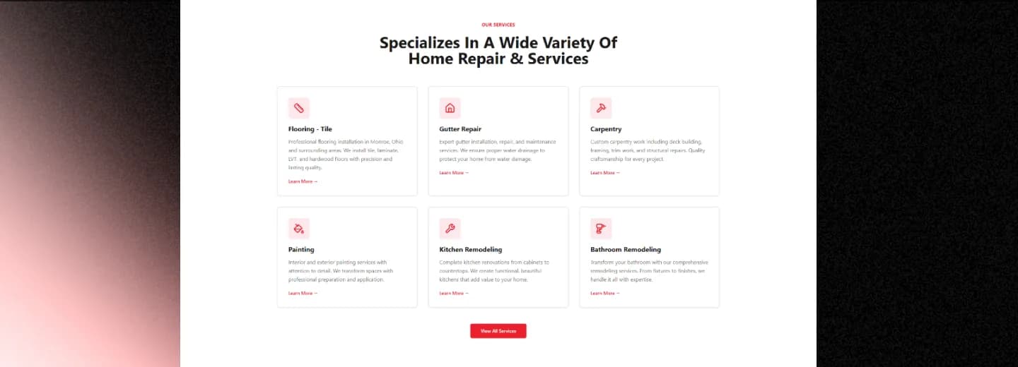 Stan The Handyman services grid with six cards: flooring and tile, gutter repair, carpentry, painting, kitchen remodeling and bathroom remodeling