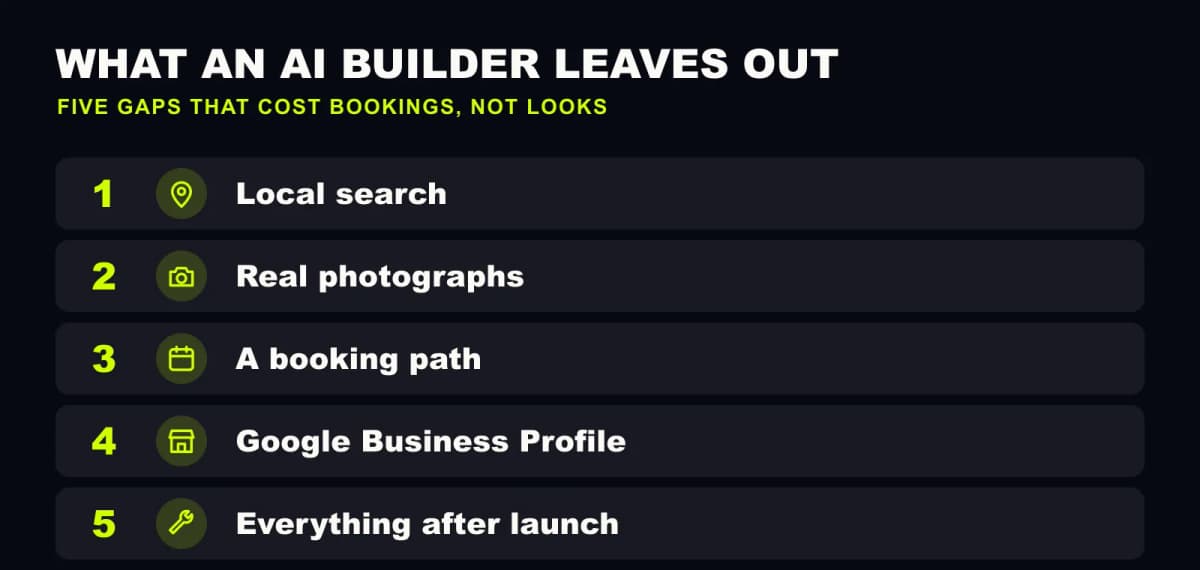 A five-item numbered figure, each row with its own icon, listing what an AI builder leaves out: local search, real photographs, a booking path, Google Business Profile, and everything after launch.