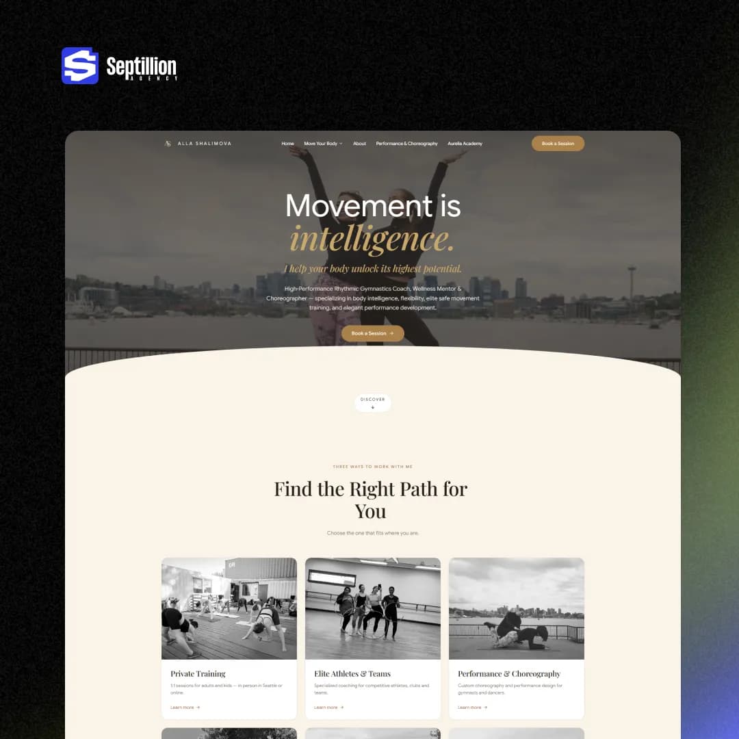 Alla Shalimova's homepage hero showing the "Movement is intelligence" headline and the three coaching paths offered