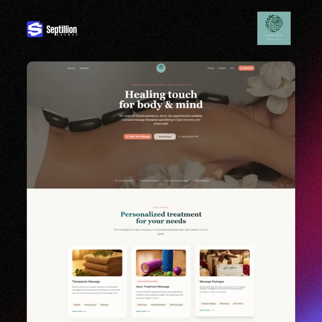 Massage therapist website redesign for Ballard Central Massage Clinic: the new homepage hero reading Healing touch for body and mind, above the three massage service cards