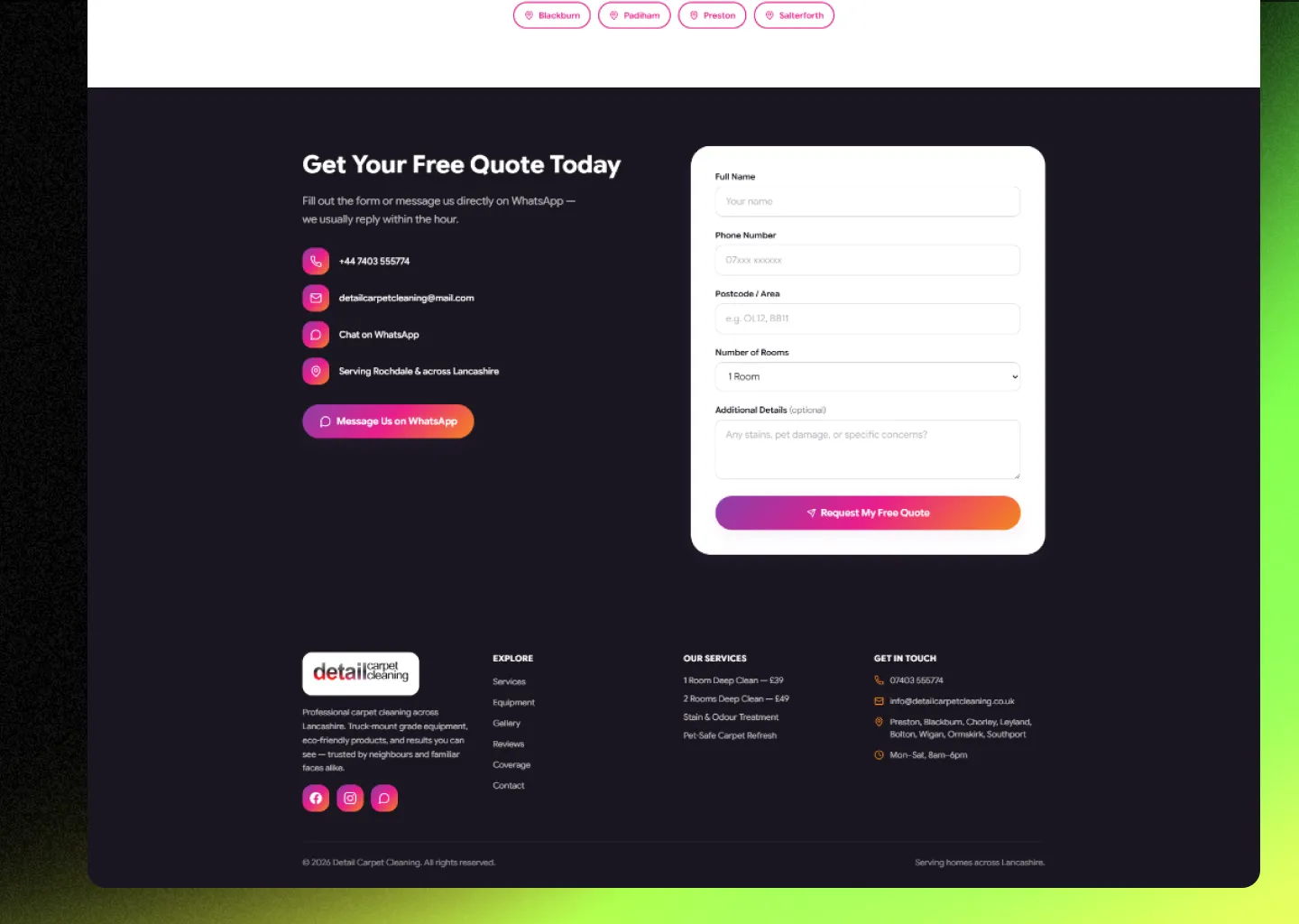 Detail Carpet Cleaning's quote form, which sends each request straight to WhatsApp