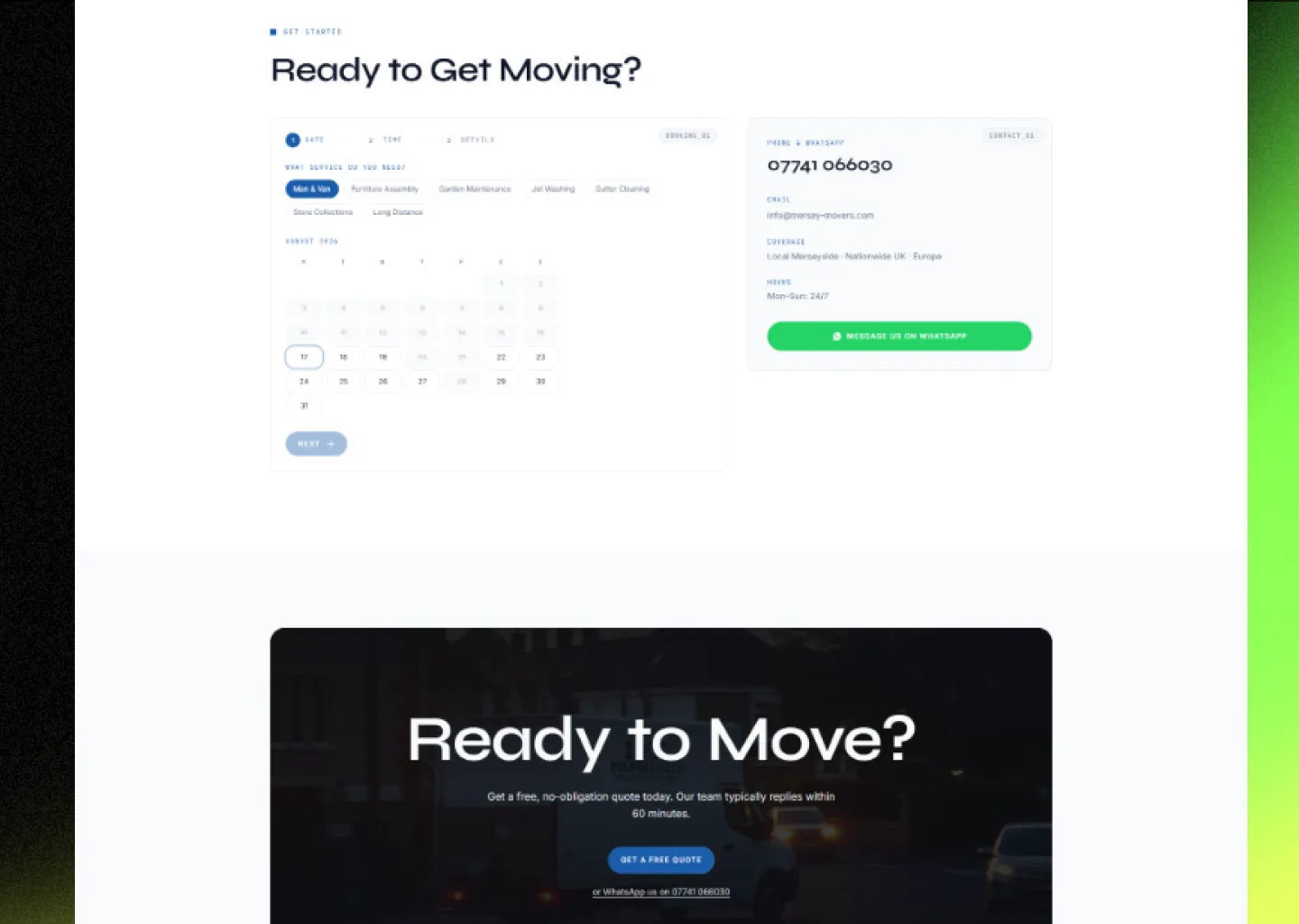 Mersey Movers' custom multi-step booking form showing service selection, calendar date picker, and job details entry