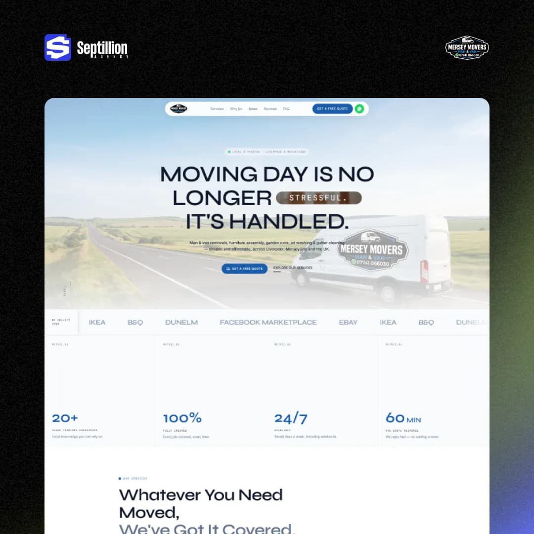 Mersey Movers homepage hero showing the "Moving Day Is No Longer Stressful, It's Handled" headline above the marketplace collection marquee and trust stat row
