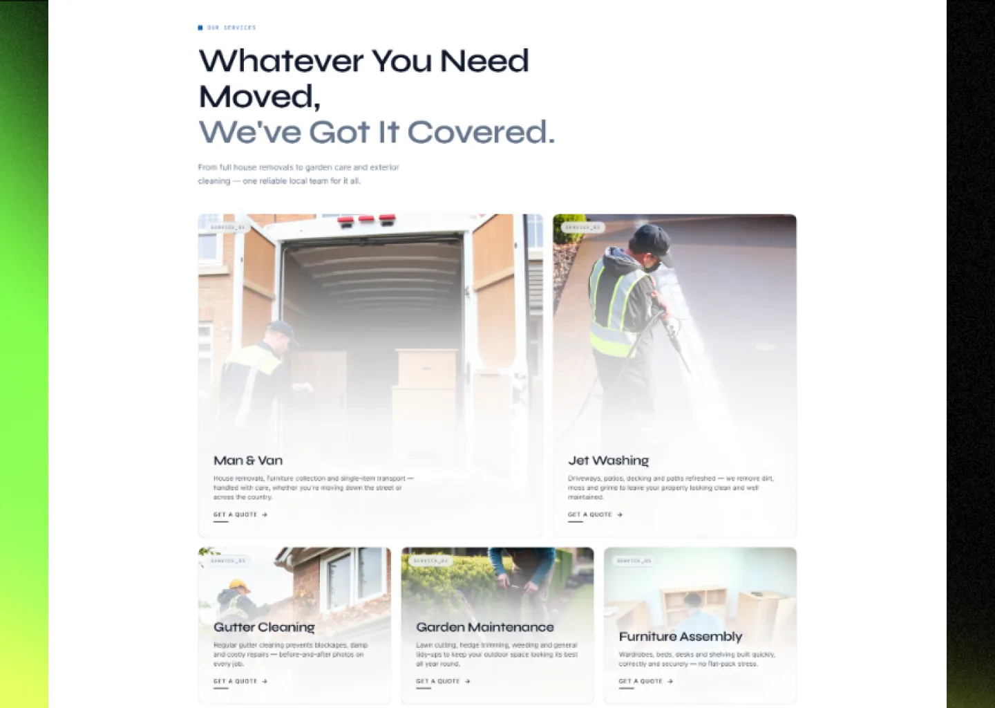 Mersey Movers services grid under the heading "Whatever You Need Moved, We've Got It Covered" showing Man & Van, Jet Washing, Gutter Cleaning, Garden Maintenance and Furniture Assembly