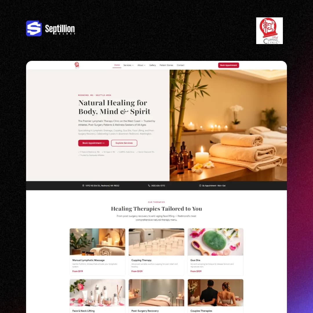 Wellness clinic website for Red Cupping Clinic: the homepage hero reading Natural healing for body, mind and spirit, above therapy cards with starting prices
