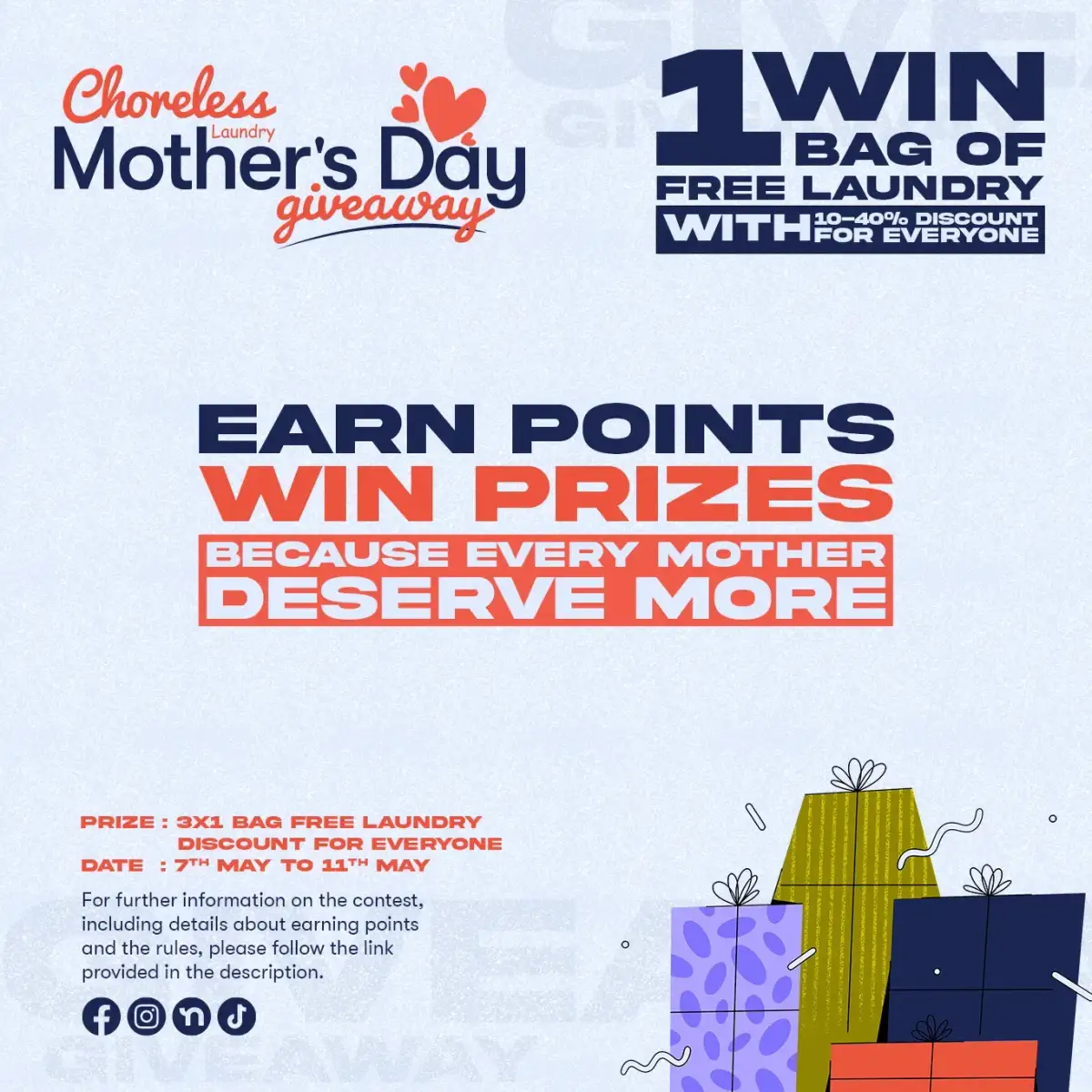Choreless Laundry Mother's Day giveaway post — earn points, win prizes, with a free laundry bag as the prize