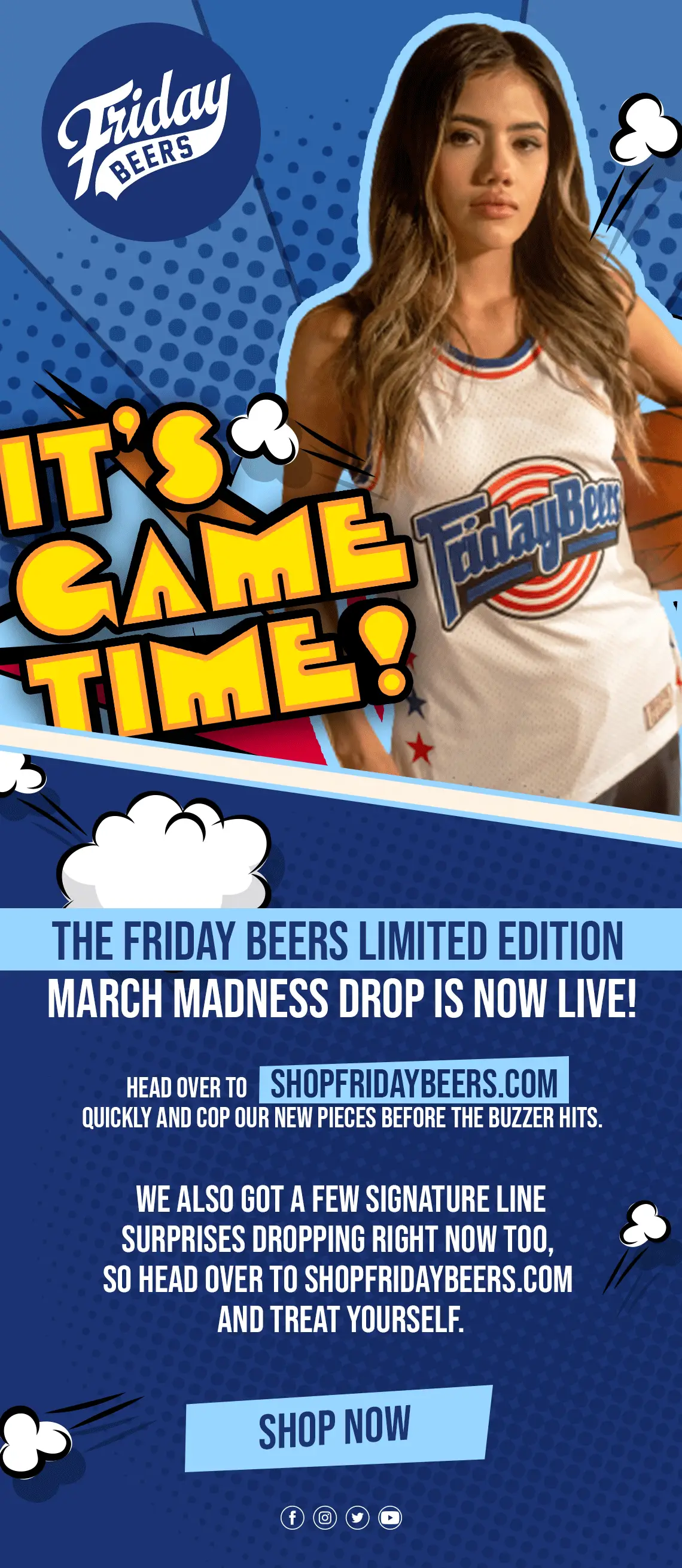 Friday Beers email marketing design announcing a "It's Game Time" March Madness limited edition drop