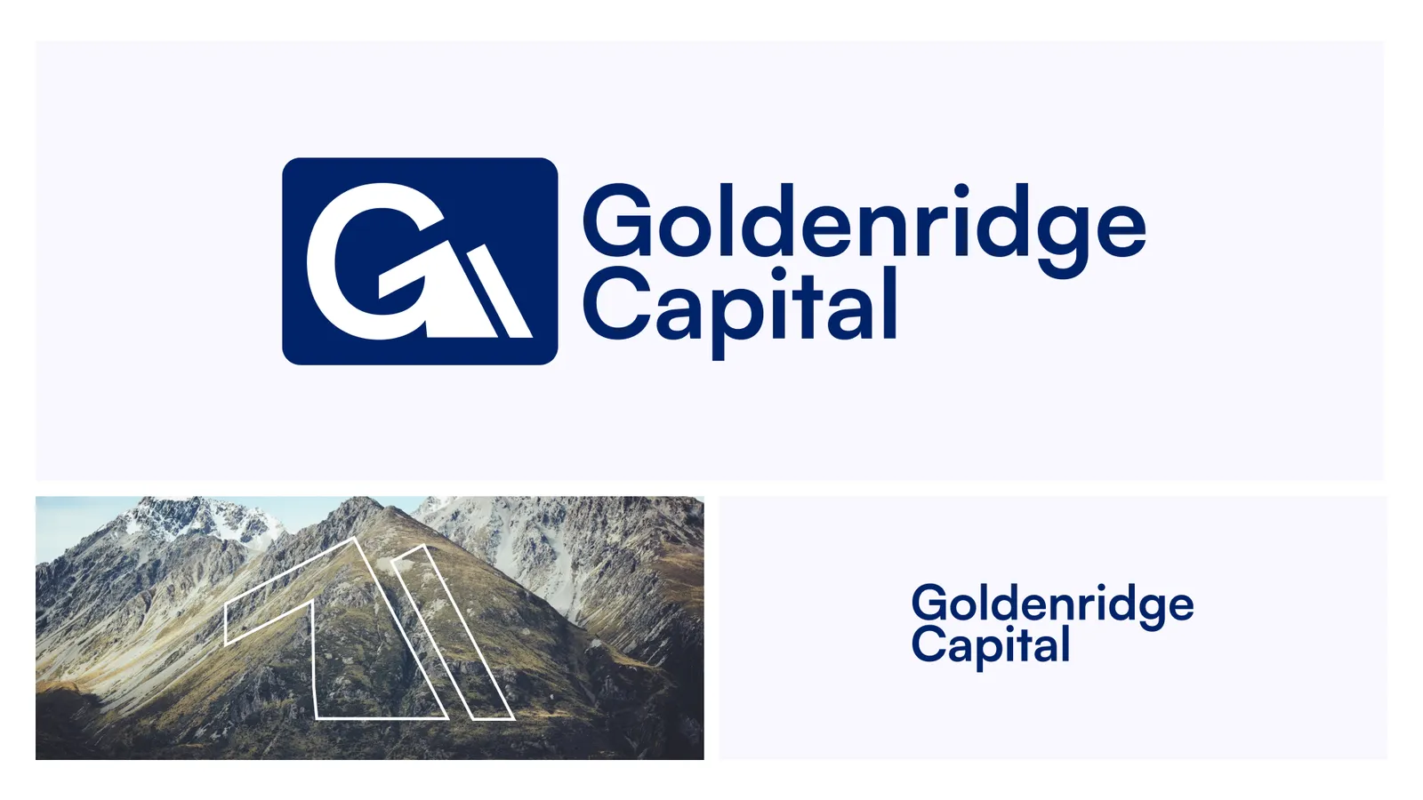 Goldenridge Capital logo presentation showing the monogram lockup above a mountain photograph