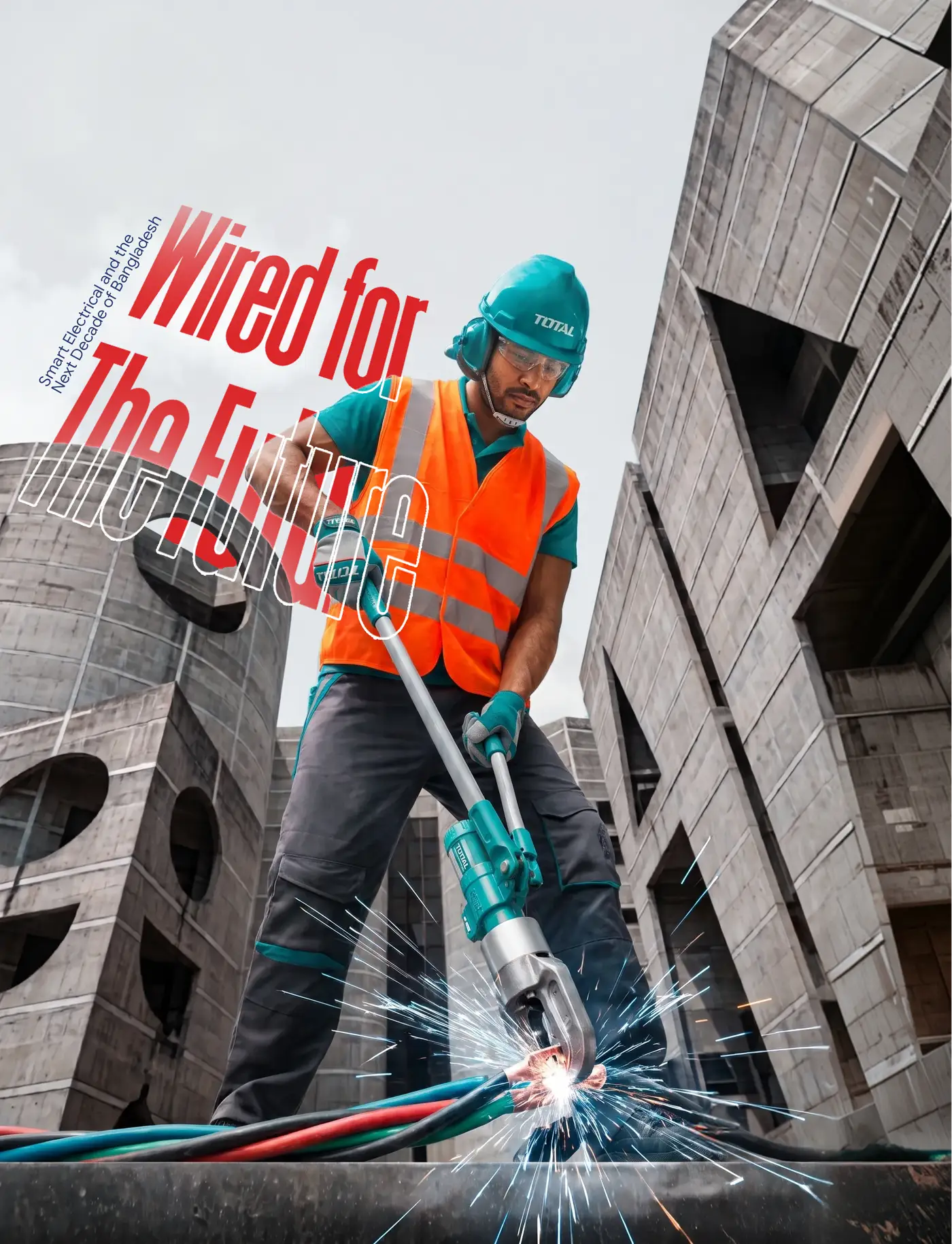 Photo manipulation titled "Wired for the Future" showing a utility worker splicing glowing cables between two buildings