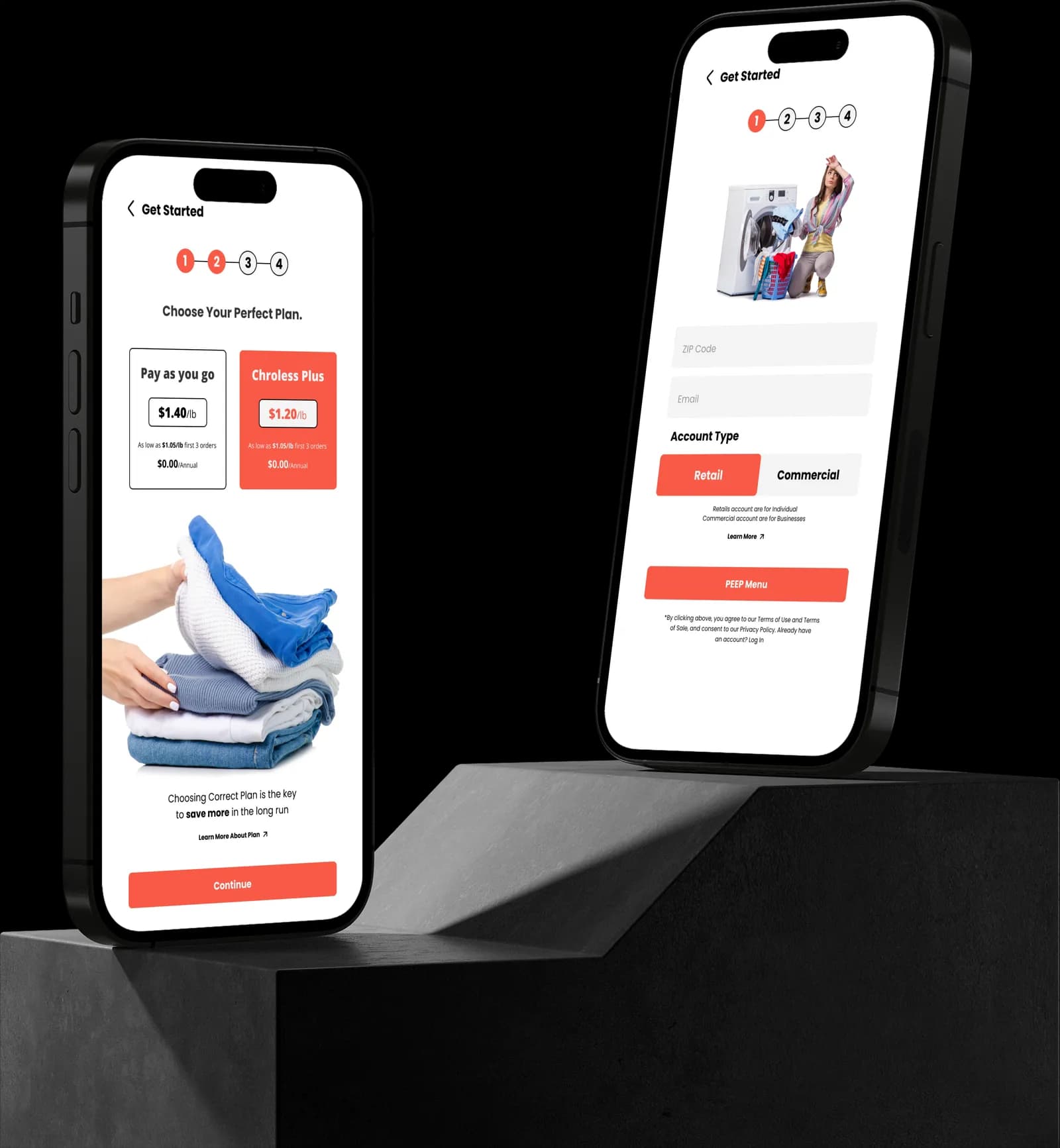 Two phones showing a laundry app onboarding flow: a plan-selection screen with per-pound pricing and a sign-up form with account type