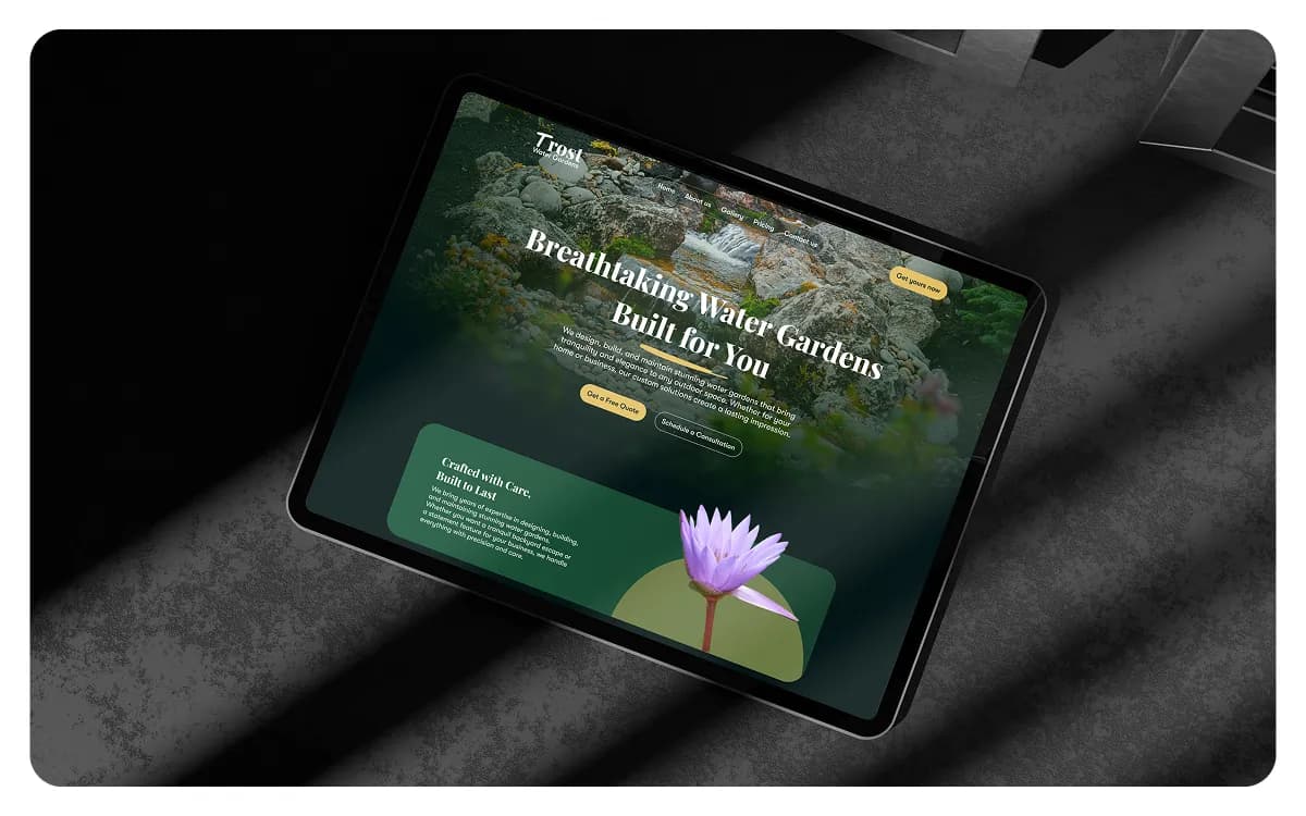 Trost Water Gardens website shown on a tablet